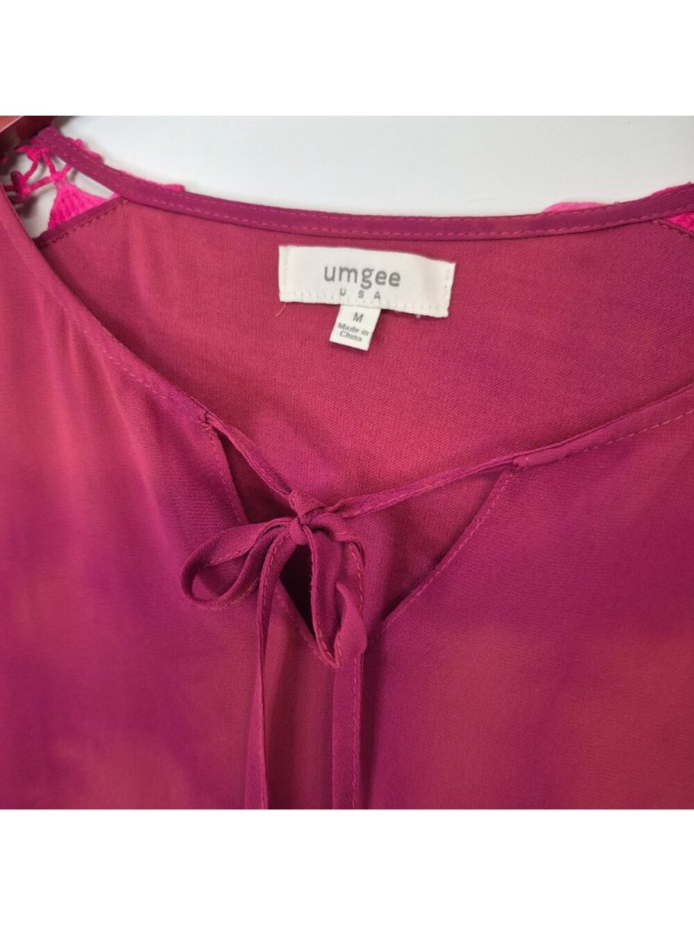 Umgee Womens Pink Tie-Dye Dress W/ Crochet Sleeve Detail Bell Sleeves & Front Ti - Picture 2 of 8
